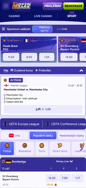Sportovní sázení s živými kurzy v mobilní verzi Spinbara